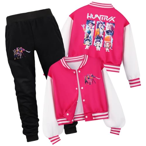 Unisex Kids Regular Fit Demon HUNTRXX Anime Varsity Baseball Jacket and Black Pants Active Sweatsuits