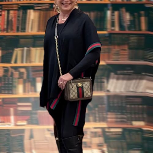 Amelia Classic Black Poncho Wrap: Versatile Open-Front Shawl with Red & Green Striped Trim – Layered Ruana for Women4