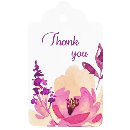 Image of CVANU Floral Thank You Gift Tags (Set of 100), Elegant Flower Design (D15) Hanging Tags with Gold String for Wedding Return Gifts & Small Business Packaging (2.85 x 1.7 Inch)