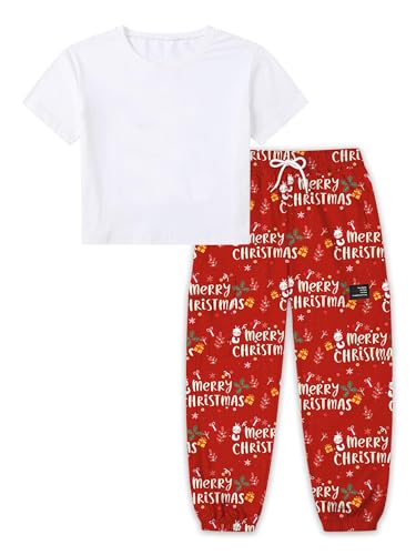 Image of Betusline Girls 2 Piece Set, White Cute Short Sleeve Crop Tops + Christmas Lettering Red Cargo Jogger Pants Clothes, 11-12Y = Tag 160