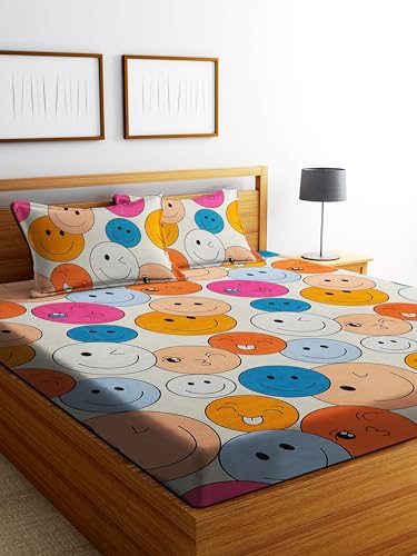 Image of DECORUM Glace Cotton Fitted 1 Bedsheet King Size (72 inchx78 inch) | All Around Elastic | Cotton Feel | 2 Pillow Covers (17 inchx27 inch) | Fits Up to 8 inch Mattress | 200-220 TC | Printed Double Bed Sheet Set