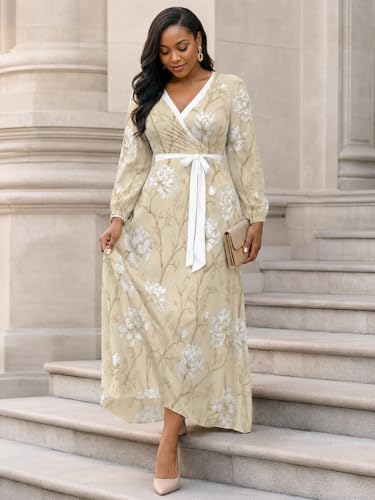 Image of PinkPatty Plus Size Dresses for Curvy Women V Neck Flowy Long Sleeves Wrap Maxi Dress Travel Vacation Outfits