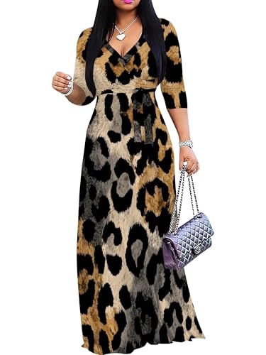 Image of Women Plus Size Long Sleeve V Neck Maxi Dress with Belt | Soft fabric relaxed fit three quarter sleeve v neck with pockets for party and daily wear