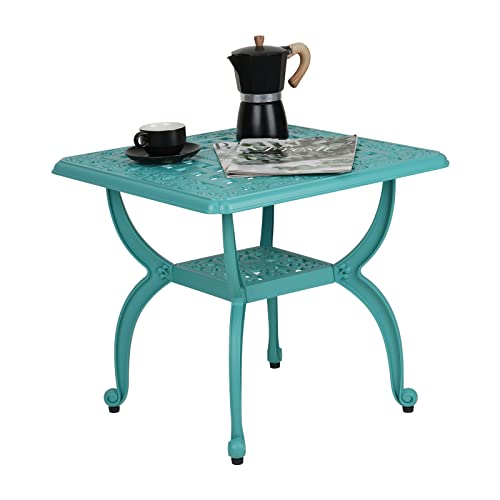 JARDIN DE CENTENNIAL Cast Aluminum Outdoor Side Table,Anti-Rust Outdoor End Table,Patio Coffee Bistro Table for Indoor,Garden,Porch,Balcony(Square Blue)