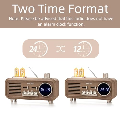 Retro Radios FM Portable Bluetooth Speaker,12/24H Small Plug in Vintage Clock Radio with USB/AUX/TF Card for Kitchen/Bedroom/Desk/Shelf (Wood Grain)