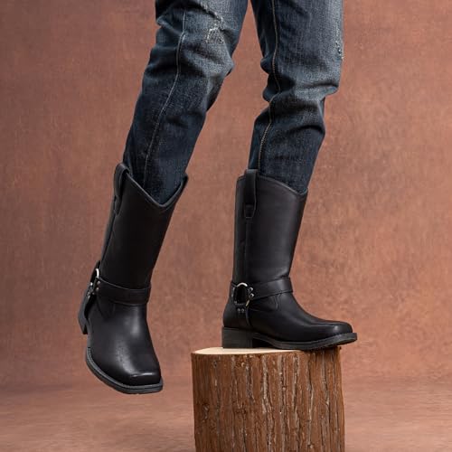 Image of Jousen Cowboy Boots for Men Leather Harness Square Toe | Retro Western Style Easy Pull-On Design Strap & Buckle Detail Engineer-Inspired Biker Motorcycle & Casual Wear