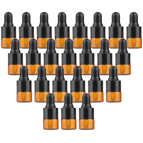 VASANA 24 botellas vacías recargables de vidrio ámbar cuentagotas de 1 ml, botellas de aceite esencial, recipientes de muestra cosmética para aceite esencial cosmético, 24 piezas, 1ml