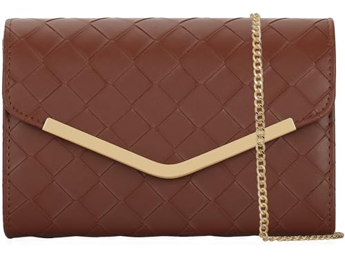 Image of Womens Woven Evening Bag Faux Leather Crossbody Clutch Purse Envelope Handbag for Wedding Prom Party Brown