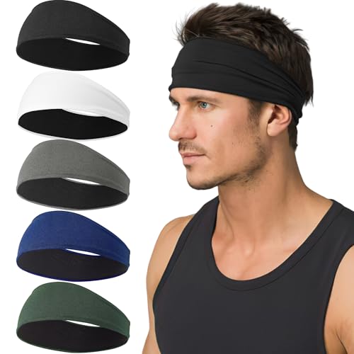 Image of 5 Pack Sports Headband for Men, Breathable Mesh Design, Reused & Washed Mens Headband Sweat Bands for Running Yoga Fitness Workout
