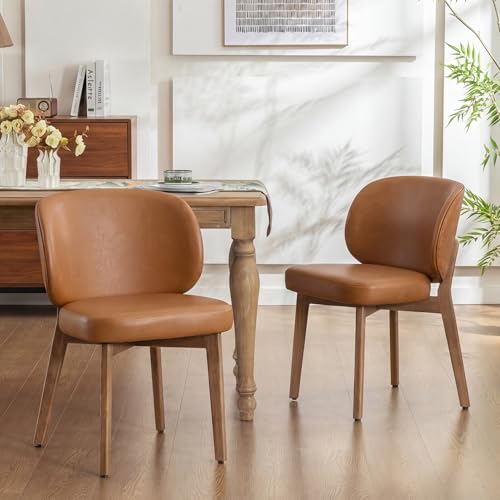 Image of YOUNIKE Single Dining Chair Modern Kitchen Dining Room Chair Brown | Faux Leather Upholstered Armless Side Accent Chair with Back 20.1 inch Wide Padded Seat Wooden Legs for Living Room Bedroom