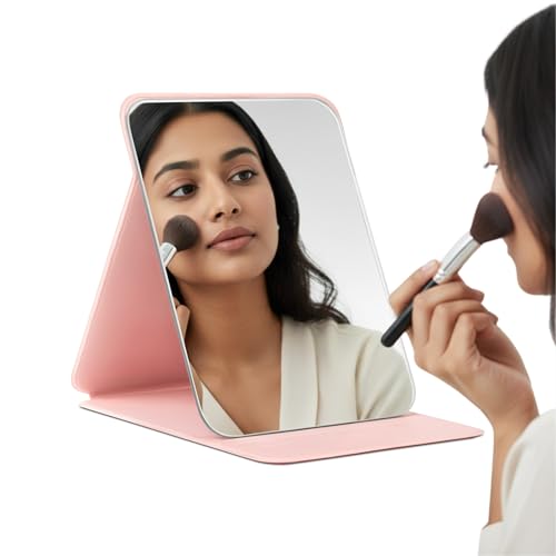 Image of Portable Folding Makeup Mirror 16x11 cm | PU Leather Frame HD Clear Vanity Mirror | Adjustable Stand Compact Travel Mirror | Lightweight Dressing Table Mirror for Women & Girls (Pink)