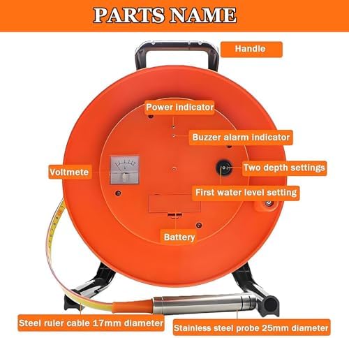 Well Water Depth Gauge - 100m Water Level Meter & Indicator with Fixed Probe & Steel Tape for Wells, Boreholes, Reservoirs, Pipes - Accurate Water Level Measurement