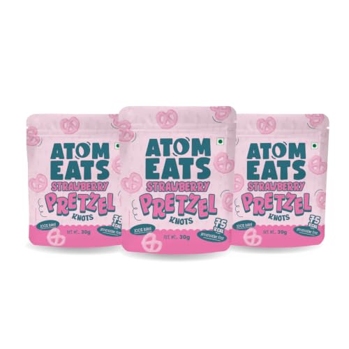 Atom Eats | Strawberry Pretzels 30g | Pack of 1 | Mini Pretzel Knots | Luxurious Strawberry Flavoured , Elegant Swirls - Perfect Gourmet Snack for Coffee, Wine, and Desserts - Imported Gift Quality | 100% Baked | Preservative Free