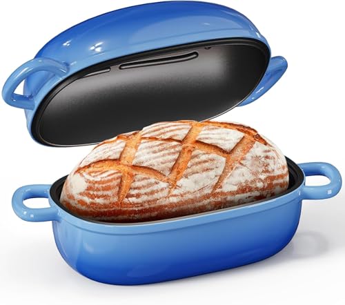 Cast Iron Dutch Bread Oven - 2.5QT Dutch Oven for Sourdough Bread Baking, Cast Iron Bread Loaf Pan with Lid, Easy Homemade Sourdough Dutch Oven, Oval Bread Baking Pan, Family & Baker，Blue