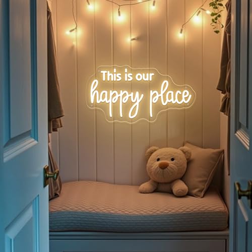 Image of This is Our Happy Place Neon Sign Happy Place Neon Signs for Wall Decor Dimmable Warm White LED Signs for Bedroom Classroom Man Cave Home Bar Birthday Party Decor Neon Classroom Sign