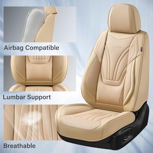 Image of Coverado Car Seat Covers Full Set, 5 Piece Car Seat Protector with Lumbar Support & Removable Headrest, Breathable Leather Front Rear Seat Cushion Universal Fit for Truck Automotive Beige