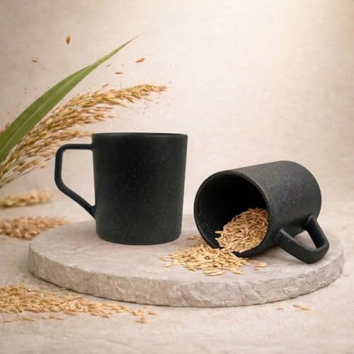 Image of Coffee Mug Set Made with Rice Husk & Bio Composite Material | TurtleBrew Coffee Mug Travel | Microwave & Dishwasher Safe (Midnight Black, 200 ml Pack of 2)