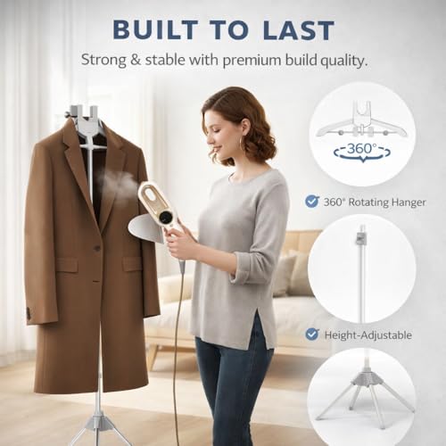 Image of DOCAT Adjustable Garment Steamer Rack for Clothes | Portable Steam Iron Stand with Rotating Hanger & Clips | Height Adjustable Ironing Hanger Stand for Shirts, Suits, Dresses & Pants