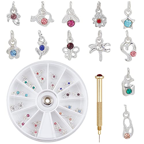 OLYCRAFT 24Pcs Dangle Nail Art Accessoires Anneaux de Bijoux pour Ongles avec Outil de Perçage des Ongles Perceuse à Ongles Alliage Perceuse Manuelle pour Conseils...