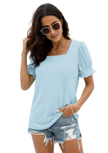 Image of WIHOLL Tops for Women Summer Casual Ruffle Trim Sleeve Square Neck T Shirts