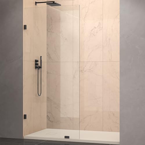 ENSO SENKA Shower Glass Panel 34' x 79' Easy-to-Clean Treated, 3/8' Tempered Glass Shower Screen, Frameless Shower Door for Walk In Bathroom, Matte Black