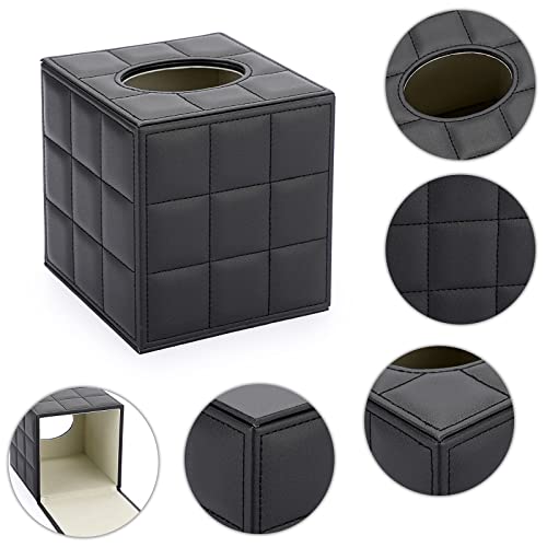 Image of Sumnacon Square Leather Tissue Box Cover - Stylish Cube Tissue Box Holder with Magnetic Bottom, Decorative PU Tissue Box for Vanity Dresser Night Stand Table Countertop Home Office Car, Grid Black