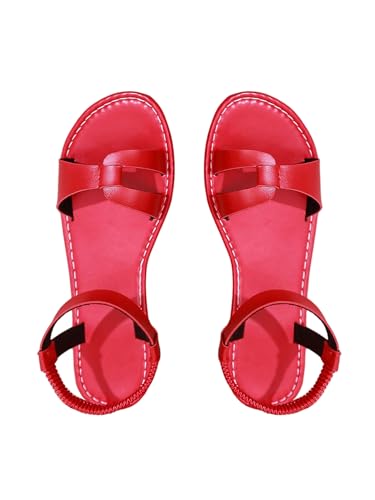 GORGLITTER Women's Red Strappy Ankle Strap Sandals Fisherman Cut Out Dressy Open Toe Flat Sandals 2025