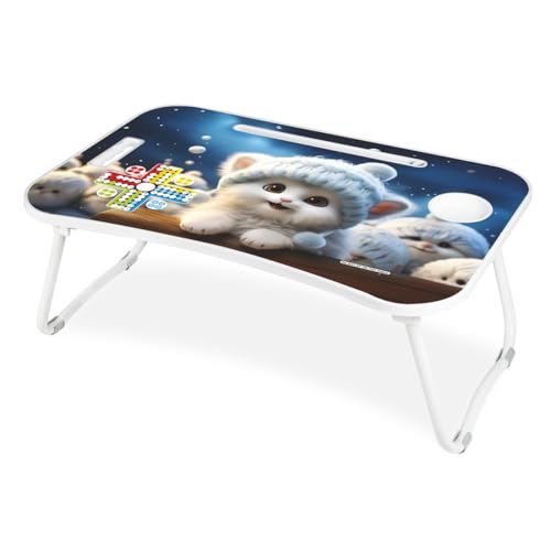Image of Amazon Brand - Jam & Honey Foldable Laptop Table for Kids 4+ Years, Portable Study Bed Desk with Cup Holder, Tablet Stand & Ludo Game, Cute Cat Design, BIS Certified Safe