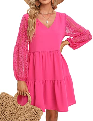Damen Swing Kleid mit Taschen Sommer V-Ausschnitt Locker Fließendes Swing Shift Kleider Rosa Elegant Spleißkleid mit Spitze Laternenärmeln A-Linie...