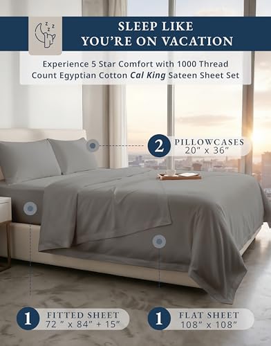 Image of LANE LINEN California King Size Sheets 100% Egyptian Cotton - Charcoal | Cooling Sheets California King Deep Pocket - 4-Piece Set, 15 inch Deep-Pocket Snug Fit, 1000 Thread Count, Luxe Sheen