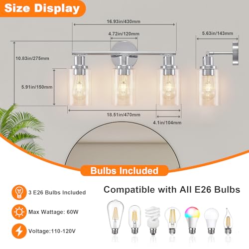 Image of DLLT 3-Light Bathroom Light Fixtures: Chrome Modern Vanity Lights with 3 E26 Bulbs - Clear Glass Shade Bathroom Wall Lamp for Mirror Kitchen Living Room Hallway Cabinet Porch