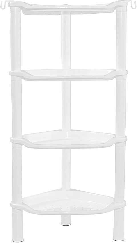 Organizador de ducha esquinero de 4 niveles, resistente al óxido, organizador de ducha de plástico para baño, bañera, bandeja de ducha, accesorios de baño, 13.5 x 10 x 33.5 pulgadas, blanco