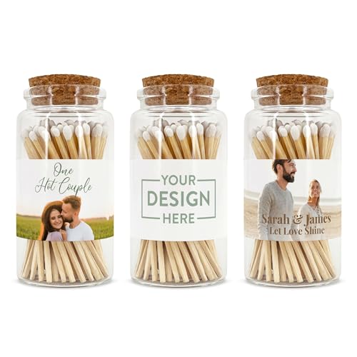 Personalized Custom Matches for Wedding Favors, Birthday Favors, Cigar Bar Matches, Wooden Matches in a Jar with Striker, Long Matches for Candles in Apothecary Glass Jar, Approx. 80 Safety Matches