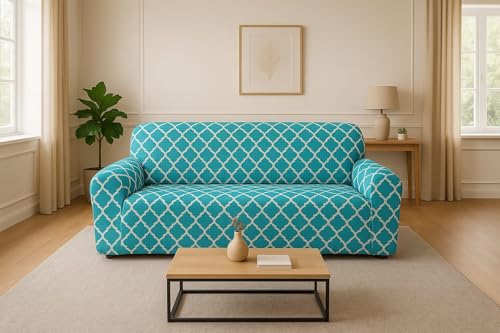 Image of Gurnoor Sofa Cover One 3 Seater and Two 1 Seater Fully Covered Universal 5 Seater for Living Room Non-Slip Sticky Elastic Stretchable Couch Sofa Set Slipcover Protector(Green-Darbar)
