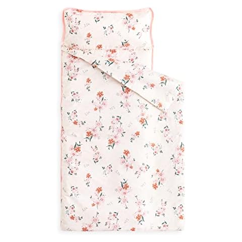 Wake In Cloud - Toddler Nap Mat with Pillow and Blanket, 100% Cotton Fabric, for Kids Boys Girls in Daycare Kindergarten Preschool, Light Pink Floral Cover