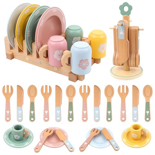 Kinderküche Zubehör Kinderküche Geschirr Spielküche Zubehör Holz mit Tassen Teller Bunt Teeservice Kinder Küchenzubehör Spielzeug für Jungen und Mädchen 3 4 5 6 7 8 Jahre für Weihnachten Geburtstag