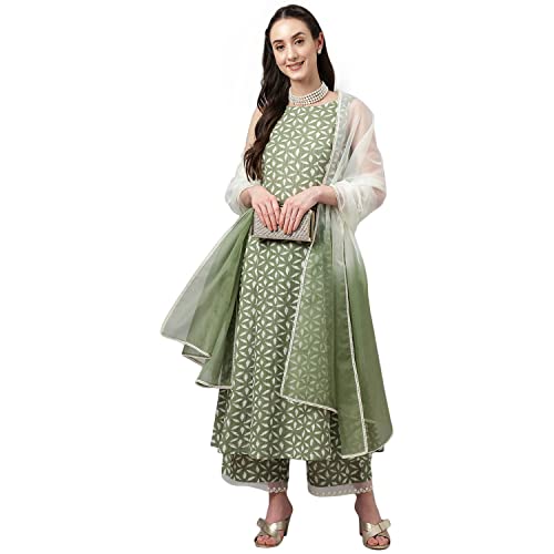 Image of FIORRA Women's Ferm Green Pure Cotton Flared Kurta, Palazzo & Dupatta