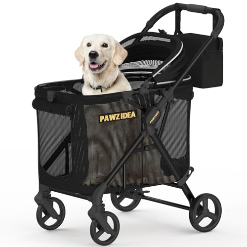 Image of PAWZIDEA Dog Stroller for Large Dogs up to 80 lbs, Lockable No-Zip 180 Reversible Canopy, One-Hand Foldable Pet Stroller for 2 Medium Dogs, All-Terrain Jogger Wheels, Storage Organizer, Chew-Proof