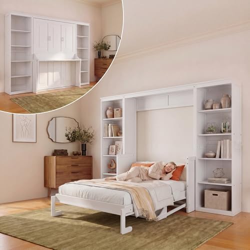 Olela Murphy Bed Full Size with Desk & Storage, Vertical Murphy W...