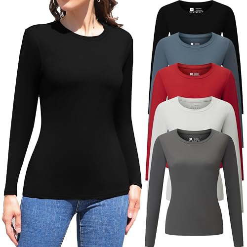 5 Pack Womens Long Sleeve Tops Crew Neck Basic T Shirt Fall Stretch Tight Fitted Thermal Shirts Fashion Clothes 2025