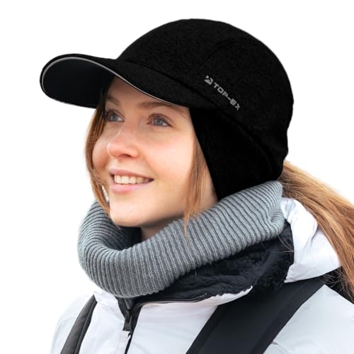 TOP-EX M/L/XL Wasserdicht Basecap Damen Winter mit Ohrenklappen Pferdeschwanz Beanie Warm Mütze mit Fleecefutter Damen Laufen Wintermütze Reflektierend Camping Schwarz M/L
