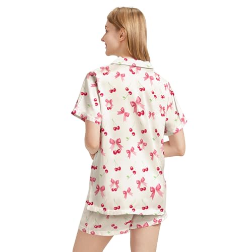 Image of Silk Satin Pajama Set for Women Summer Lounge Pjs Sets 2 Piece Suit Ladies Button Down Tops And Shorts Sleepwear