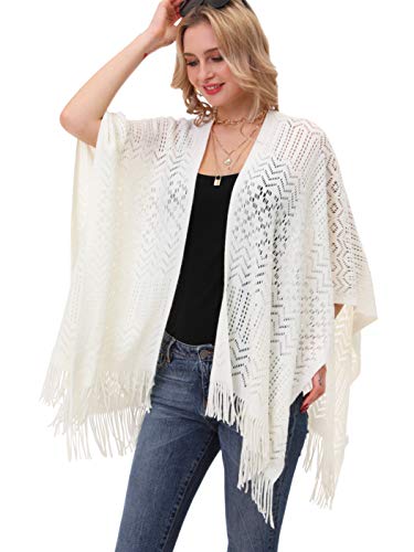 soul young Chale Femmes Tricot Gilet Poncho, Cape Grande Soiree Taille Cardigan Kimono Wrap Pashmina(Taille unique,Blanc)