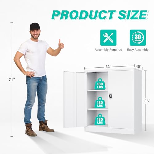 Image of SISESOL Small Metal Cabinet with Shelves,36 inch Garage Storage Cabinet with Lock,White Metal Storage Cabinets with Locking Doors,Lockable Office File Cabinets for Home,Office,Shop,Garage