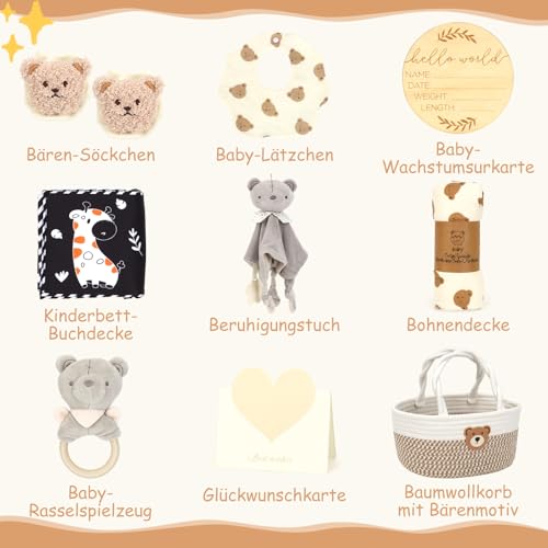 Neugeborenen Geschenk, Baby Geschenkset für Jungen/Mädchen, Sensorisches Buch, Babydecke, Wickelsocken, Rassel, Lätzchen, Meilensteinkarten, Baby Geburt Geschenk, Babyparty