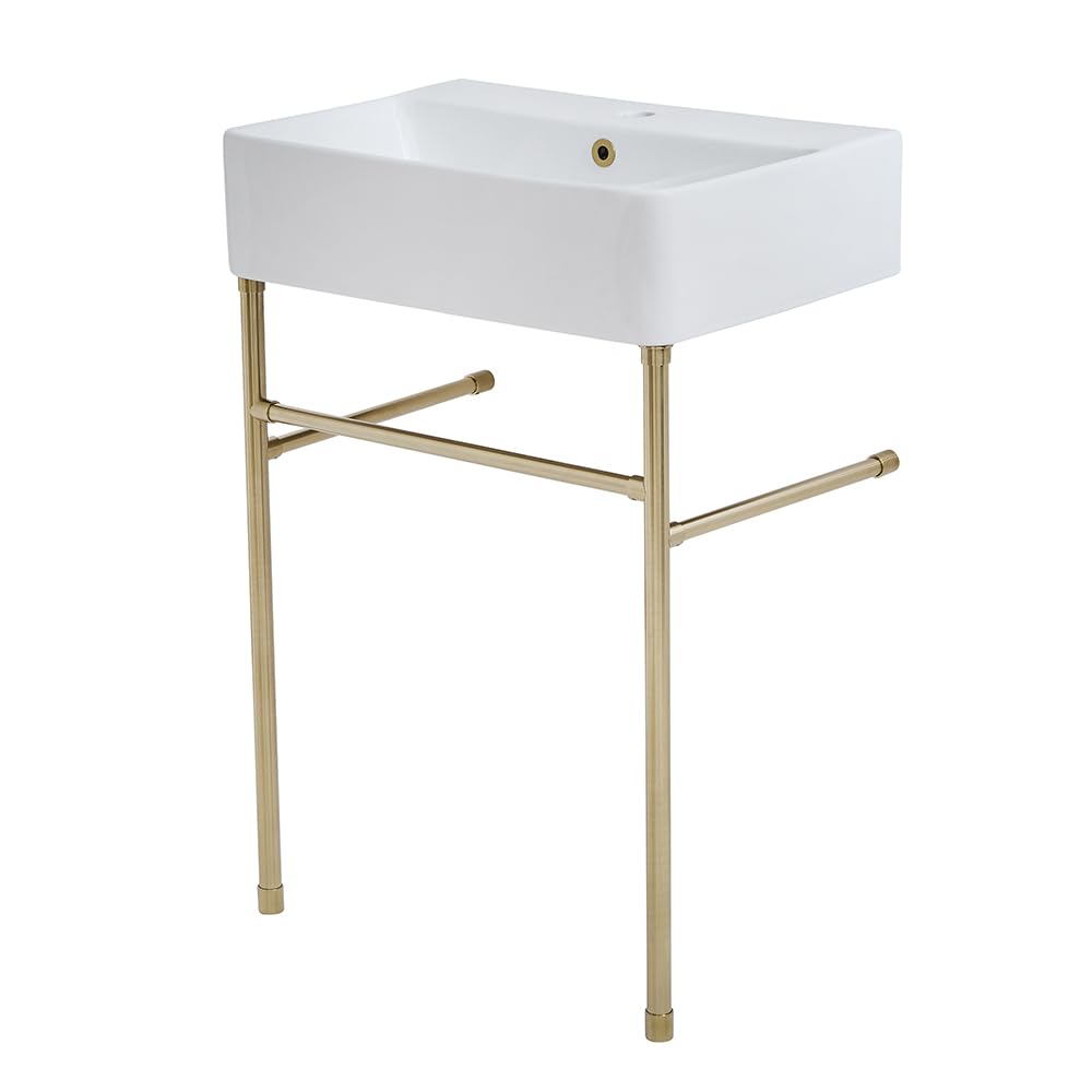 Milano Brushed Brass Farington White Ceramic 1 Tap Hole Bathroom Basin Sink Brass Washstand - 600Mm X 420Mm