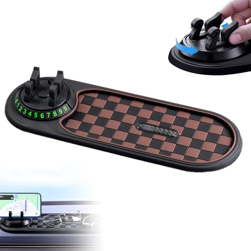 Multifunctional Vehicle-Mounted Anti-Slip Mat, Slip Mat Auto Universal Phone Holder, Rotatable Car Phone Holder Dashboard Mat, Large Storage for Phones, Glasses, Keys Temporary Parking Numbe (Brown)