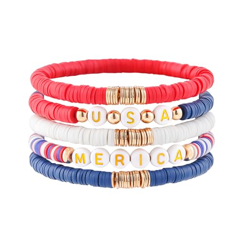 RISHEGAE 250th Anniversary USA 4th of July Bracelets for Women Red White Blue Clay Beaded Stretch Bracelets USA Patriotic Jewelry Flag Day Acessories