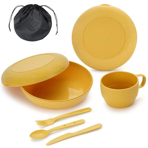 Berglander Camping Besteck Set mit Schüssel, Teller, Tasse, Löffel, Gabel, Messer und Tragetasche, platzsparend, Camping Essentials Utensilien aus Kunststoff für Reisen, Picknick (goldgelb)