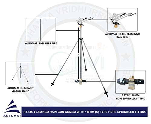 Image of AUTOMAT 2 inch INCH RAINGUN Complete Set with HT44G Flamingo RAIN Gun, Complete Connector| 5FT (ISI) GI Riser Pipe| 3LEG Heavy Duty GI Stand (C Type Sprinkler Adapter Set, 110MM (4 inch INCH))
